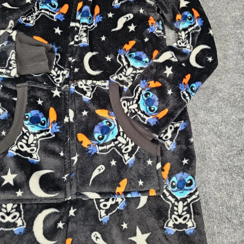 Disney Stitch Halloween Skeleton Union Suit Pajamas M 8-10 Hooded Onesie Costume